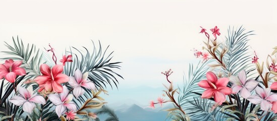 Poster - Exotic backdrop with palm fronds and blossoms in a copy space image.