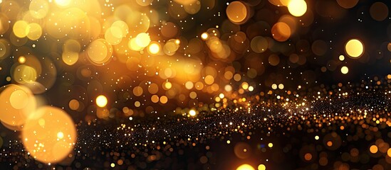 Aufkleber - Bokeh effect on black backdrop with abstract golden powder, creating a festive ambiance perfect for Christmas and New Year celebrations. Ideal for a copy space image.
