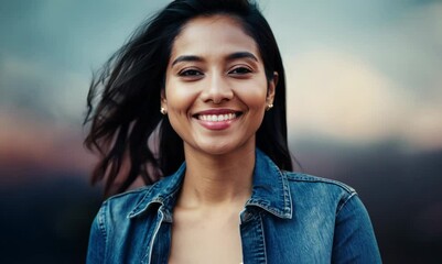 Wall Mural - Lifestyle portrait video of a pleased Indonesian woman in her 30s wearing a denim jacket against an abstract background 