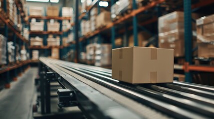 Poster - A cardboard box moves along a conveyor belt in a warehouse setting