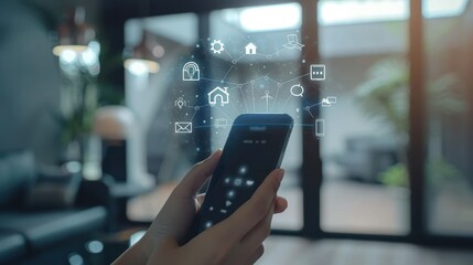 Poster - A hand holding a smartphone with various smart home icons displayed on the screen