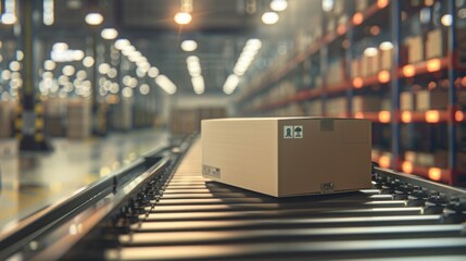 Poster - A cardboard box moves on a conveyor belt in a warehouse setting