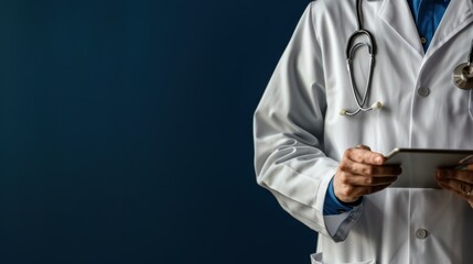 Poster - A Doctor Wearing a White Coat Holds a Tablet in Front of a Dark Blue Background