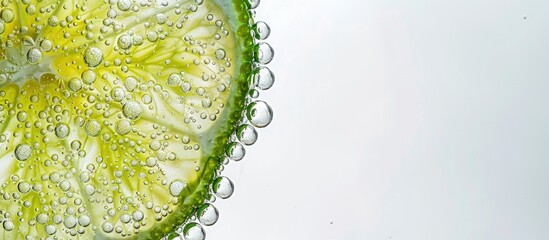 Poster - Isolated lime slice with bubbles in a copy space image.