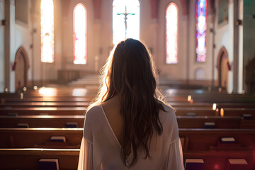 Wall Mural - Back view of young woman in empty church