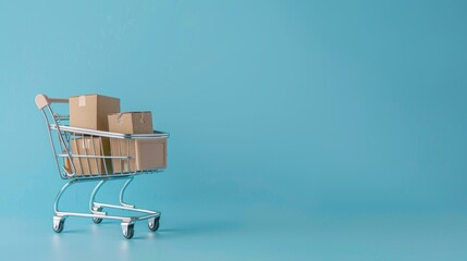 Poster - A shopping cart filled with cardboard boxes against a blue background