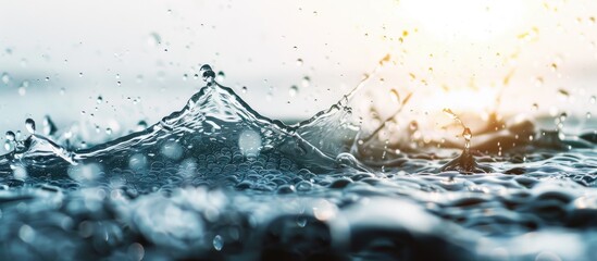 Aufkleber - Blurry focus on water splashes with waves, drops, and bubbles on a white backdrop, featuring a copy space image.