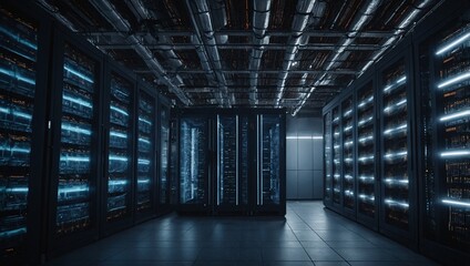 Poster - Conceptual server room with data clouds and big databases