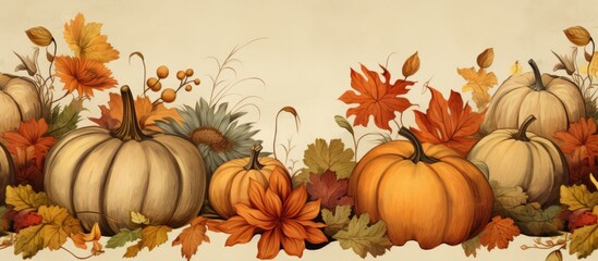 Aufkleber - A fall-themed background for Thanksgiving with pumpkins, flowers, and leaves, ideal for adding text or images.