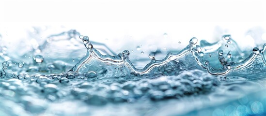 Wall Mural - Blurry focus on water splashes with waves, drops, and bubbles on a white backdrop, featuring a copy space image.