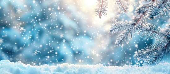 Aufkleber - Close-up image showcasing a wide blue winter Christmas nature background frame with snow-covered fir branches, a snowdrift, blurred forest, falling snow, and ample copy space included.