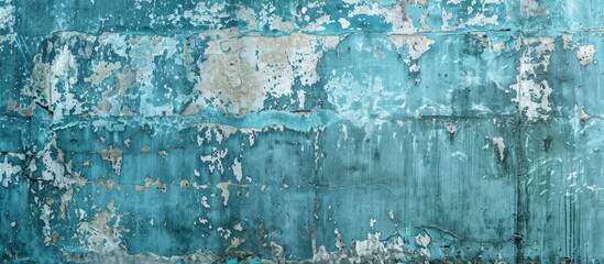 Poster - An exquisite textured wall in cyan hues, adorned with abstract grunge patterns and rustic winter elements, serves as a wide backdrop with ample copy space image.