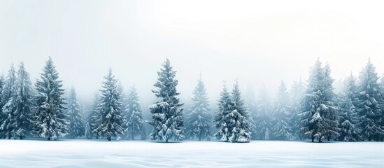 Aufkleber - Winter pine forest with snow-covered trees, creating a serene landscape with copy space image.