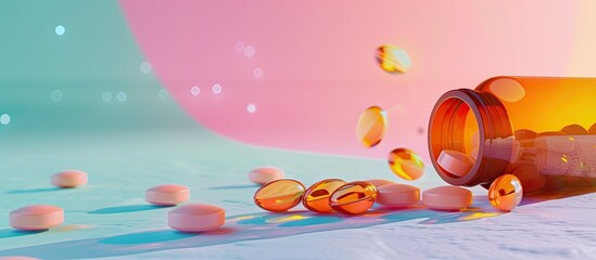 Aufkleber - Pouring brown capsules from an unmarked bottle onto a table with props against a pastel background creates a copy space image for drug advertising, promoting treatment for the disease.