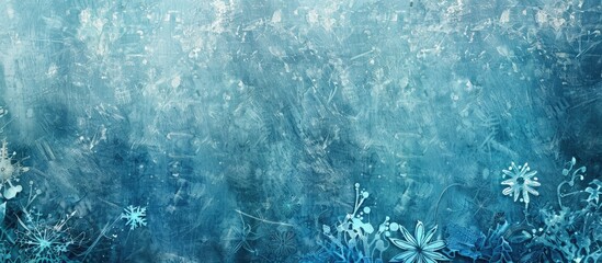 Poster - An exquisite textured wall in cyan hues, adorned with abstract grunge patterns and rustic winter elements, serves as a wide backdrop with ample copy space image.