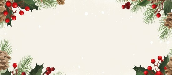 Poster - Festive Christmas background with ample copy space image, showcasing a flat lay and top view. Adorned with a decorative frame of fir branches and holly berries, plus a paper notice sheet.