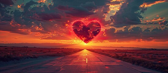 Aufkleber - Sunset creates a red heart-shaped sky in a beautiful landscape with a road, clouds, and a romantic background with copy space image conveying the concept of Road to love.