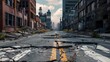 © Anutha - A horrifying abandoned city street with cracked pavement and decayed buildings, evoking an atmospheric and scary zombie outbreak theme