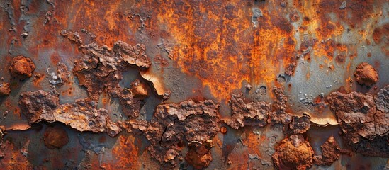 Poster - Close-up of strong rust on a metal surface providing a textured background with ample copy space image, showcasing the decay and oxidation caused by a chemical reaction.