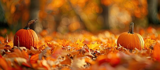 Poster - Autumn leaves provide a backdrop for pumpkins in the copy space image