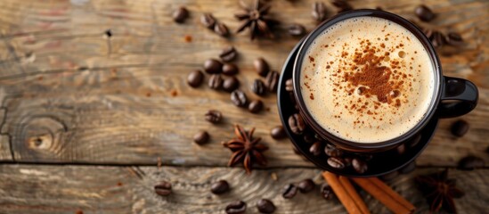 Poster - Cappuccino with cinnamon and coffee beans on a wooden backdrop with copy space image