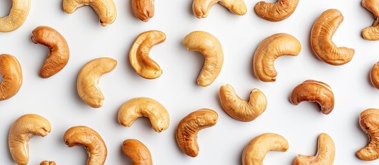 Poster - Top view flat lay of roasted and salted Cashew nuts on a white background with copy space image