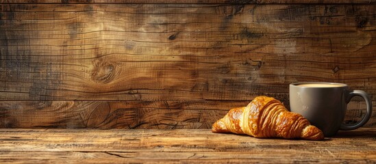 Aufkleber - A coffee mug and croissant beautifully displayed on a wooden surface with copy space image