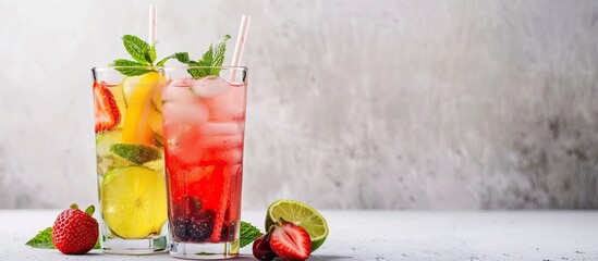 Aufkleber - Berry refreshing summer drinks with straw on light gray background in tall glasses featuring lime mojito and strawberry lemonade Copy space image included