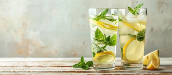 Wall Mural - Healthy lemonade glasses displayed on a light wooden surface with copy space image