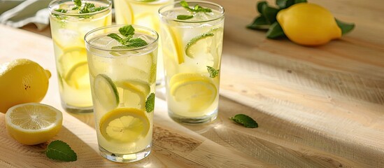 Poster - Healthy lemonade glasses displayed on a light wooden surface with copy space image