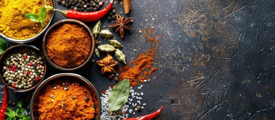Poster - Copy space image featuring an assortment of pastes and spices with a selective focus and top view
