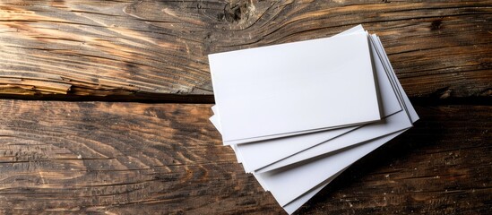 Poster - A business related theme like corporate identity design using company style on blank business cards is displayed on a wooden background in this copy space image