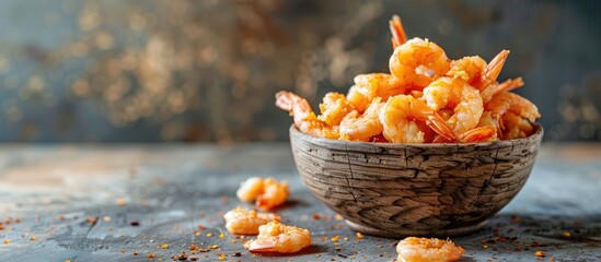 Poster - Food concept featuring dried shrimps on a wooden backdrop with copy space image