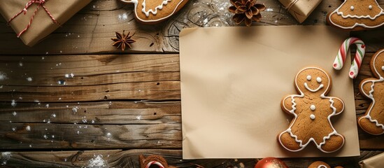 Poster - Top view of a gingerbread Christmas cookie with blank paper for copy space image
