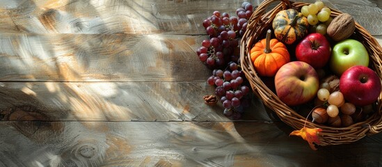 Poster - Wicker basket filled with fresh pumpkins apples grapes and nuts over a wooden background suitable for a copy space image