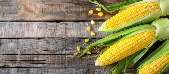Poster - Sweet corn on the cob displayed on a wooden surface with copy space image