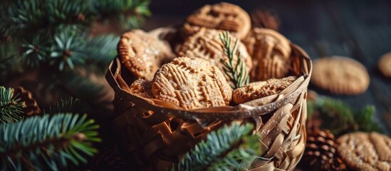 Poster - Eco style Christmas gift homemade cookies in a wooden basket displayed in a flat lay composition with copy space for an image