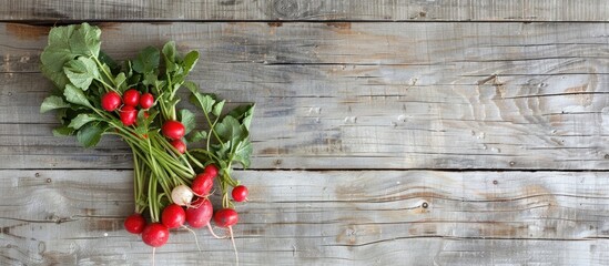 Aufkleber - Top down view of a radish bunch displayed on a wooden surface with ample copy space for additional elements in the image