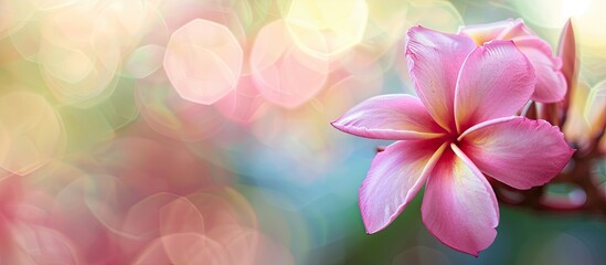 Sticker - A detailed shot of a pink plumeria flower on Kauai with copy space image