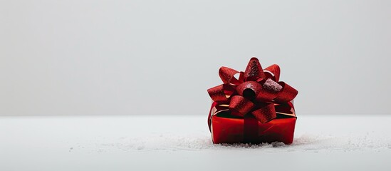 Aufkleber - A festive gift box with a bow is displayed against a plain white backdrop creating a perfect Christmas themed copy space image