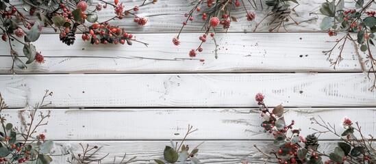 Fototapete - Festive Christmas decor border on rustic white wood with space for text Versatile for Christmas cards or backgrounds Toned copy space image