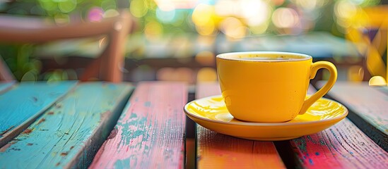 Poster - A vivid yellow coffee cup sits on a vibrant wooden cafe terrace table showcasing copy space image