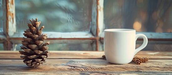 Poster - Coffee cup next to a dried pine cone on wooden table creating a cozy ambiance with copy space image