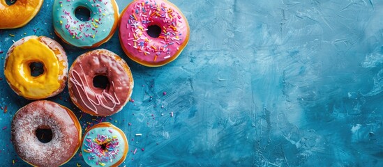Poster - Colorful glazed doughnuts on a blue concrete surface top view with ample copy space image