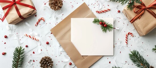 Sticker - Top view of a festive flat lay featuring a blank invitation and craft paper envelope for a New Year celebration presenting a Christmas greeting card template with background copy space image