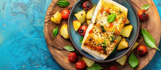 Poster - Top view of a wooden plate serving baked halibut with roasted tomato and potato on a blue background creating the perfect copy space image