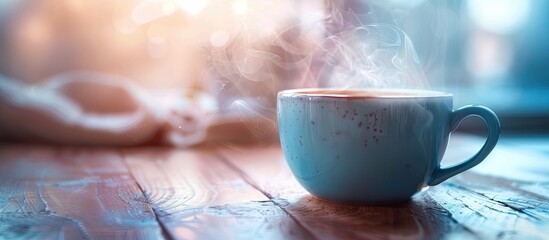 Wall Mural - Capture a close up of a steaming cup of coffee with copy space image