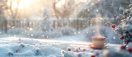 Poster - Winter scene with a steaming cup of tea on the snowy garden terrace creating a cozy ambiance perfect for image with copy space