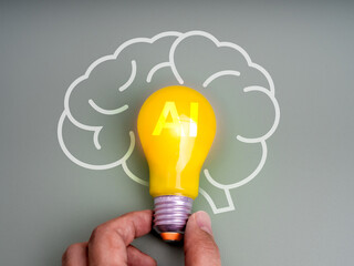Poster - Artificial intelligence creative innovation and idea technology concept. AI, letters on yellow electric LED light bulb in hand on human brain icon graphic, isolated on green background, minimal style.