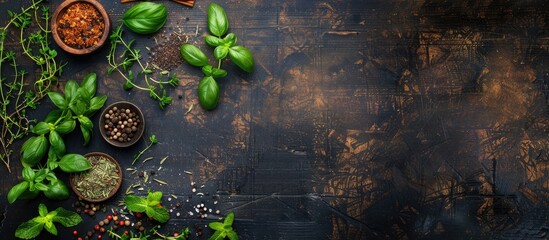 Poster - Assorted fresh herbs and spices for cooking presented on a dark rustic wooden backdrop with copy space image